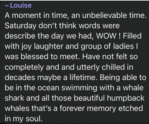 Louise: A moment in time, an unbelievable time. Saturday don’t think words were describe the day we had, WOW ! Filled with joy laughter and group of ladies I was blessed to meet. Have not felt so completely and and utterly chilled in decades maybe a lifetime. Being able to be in the ocean swimming with a whale shark and all those beautiful humpback whales that’s a forever memory etched in my soul.